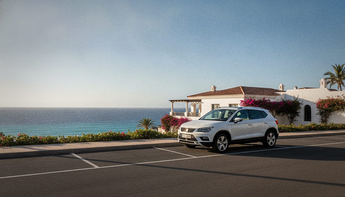 Auto a noleggio parcheggiata vicino a un resort a Tenerife Sud con il mare sullo sfondo