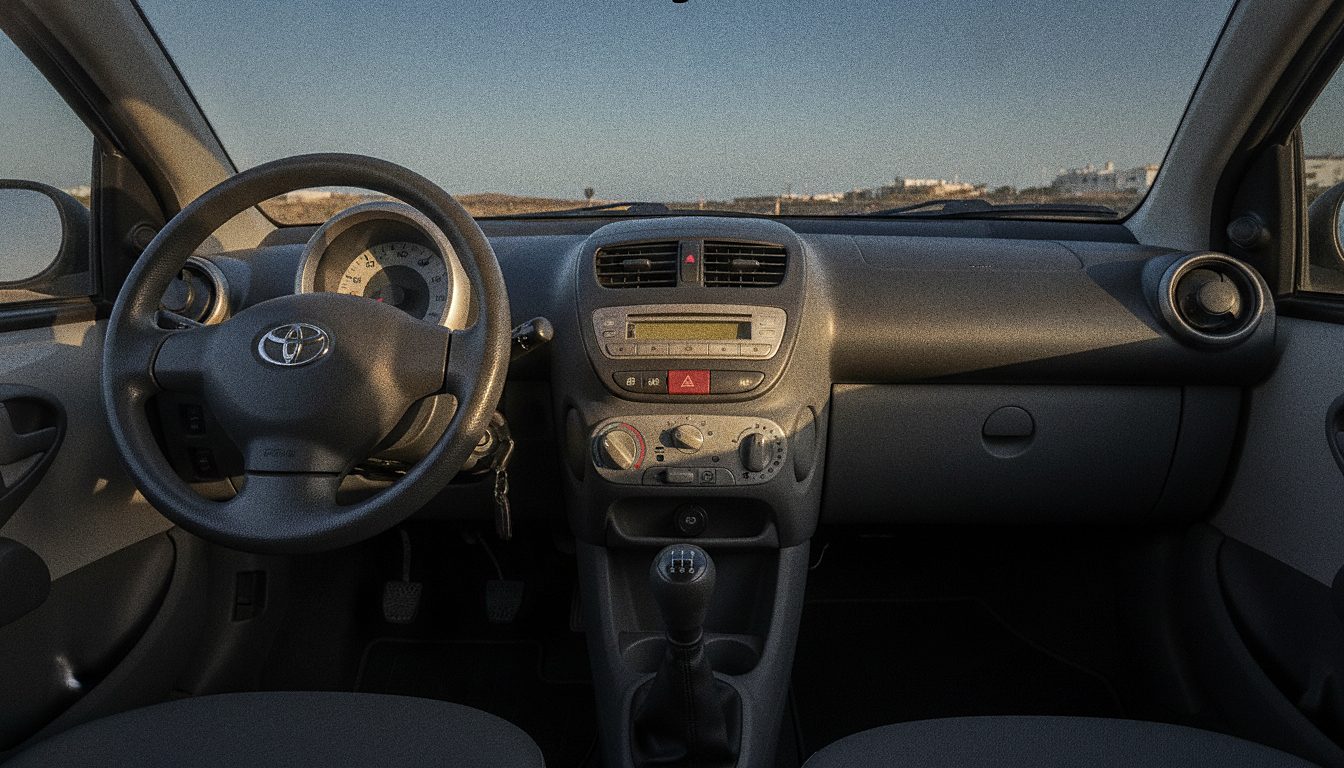 Interno di una Toyota Aygo con cambio manuale e climatizzatore, tipica auto economica a Tenerife Sud