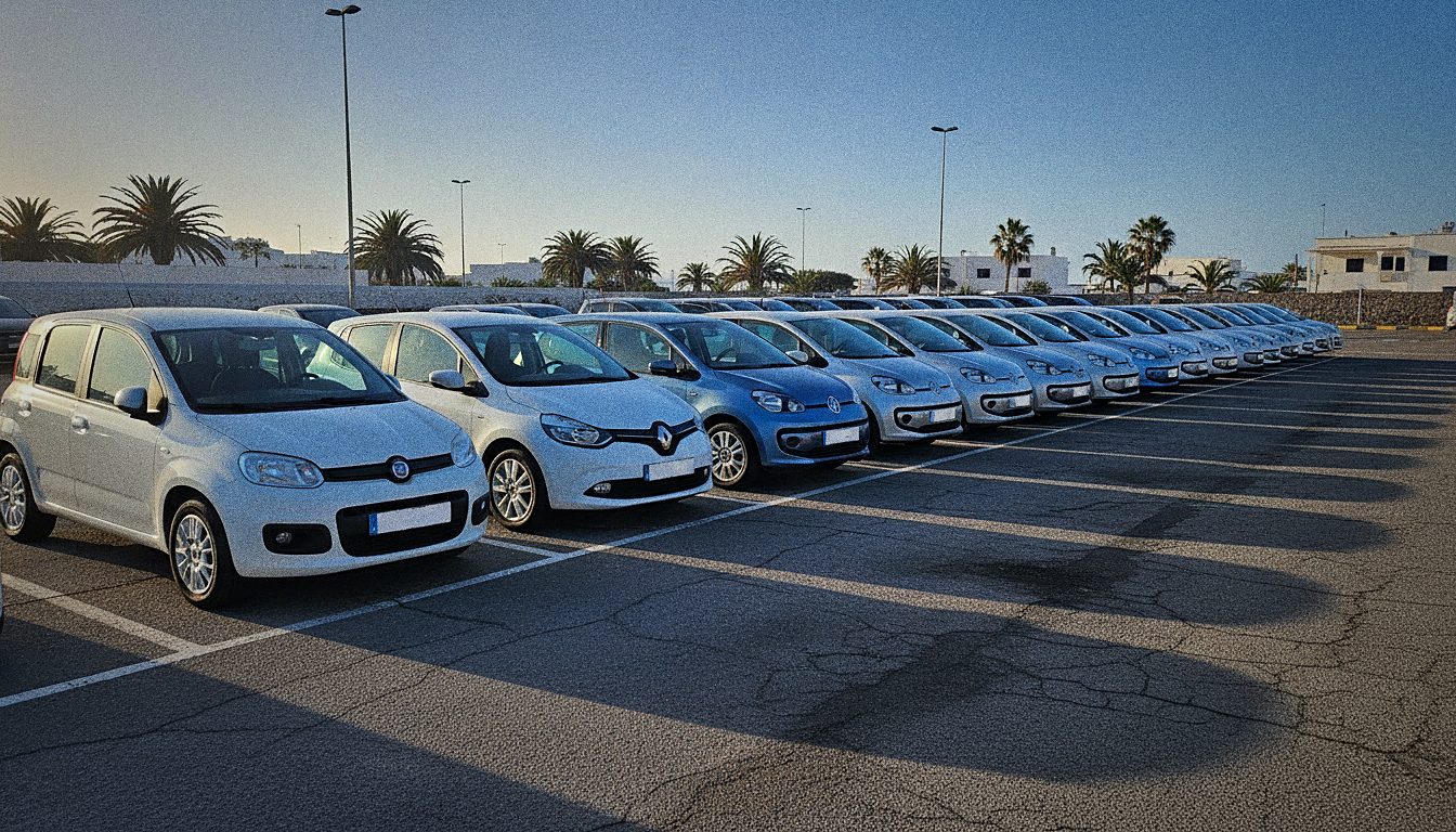 Fila di piccole utilitarie economiche parcheggiate in un'area di noleggio auto a Tenerife Sud