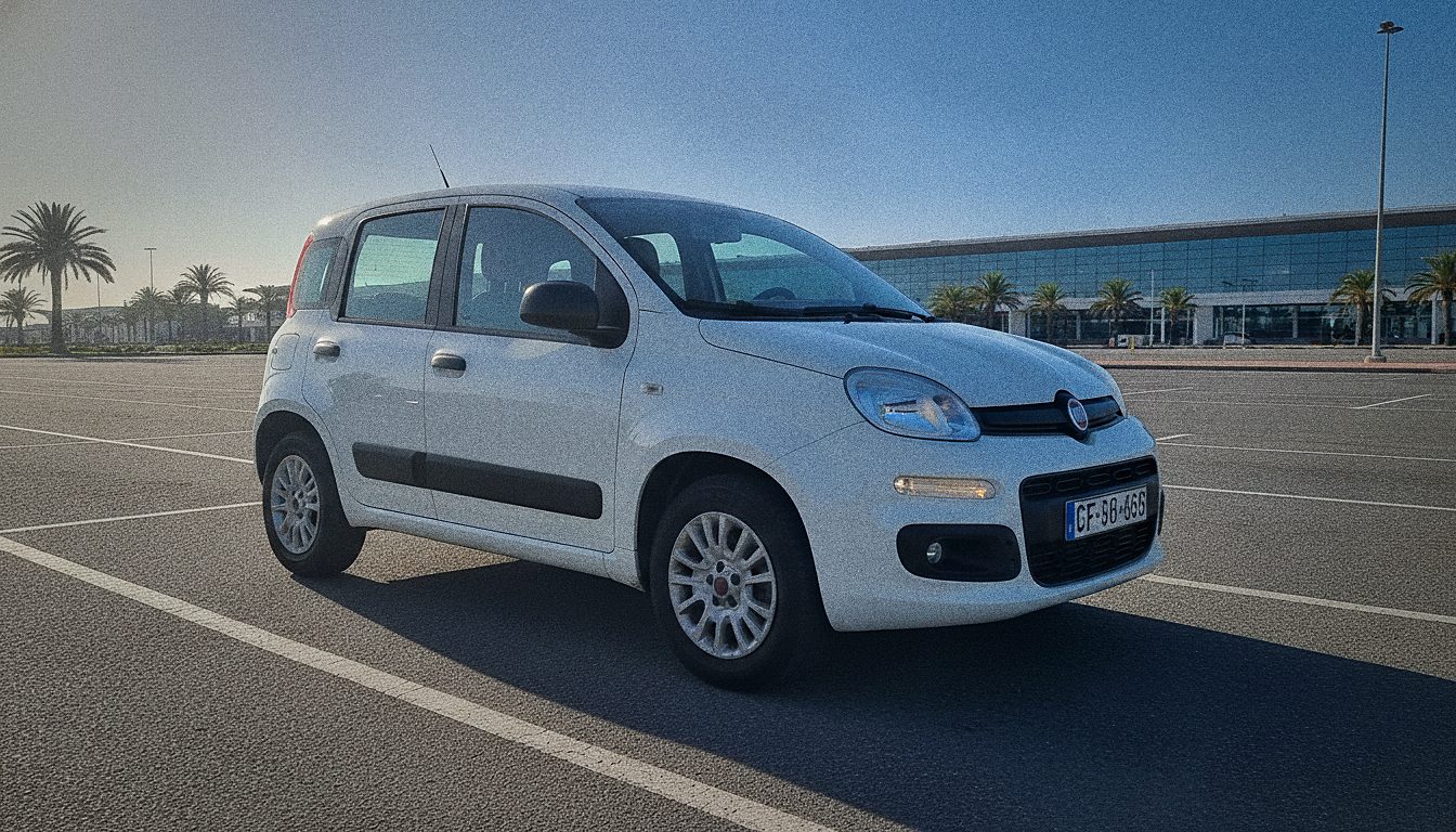 Fiat Panda bianca parcheggiata all'aeroporto di Tenerife Sud, esempio di auto a noleggio economica