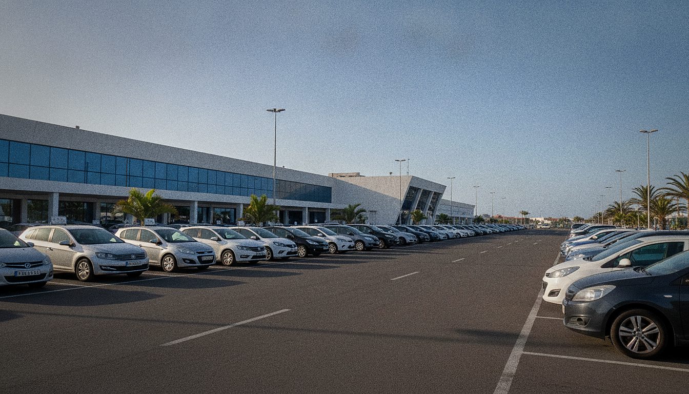 Auto a noleggio parcheggiate davanti al terminal dell'Aeroporto di Tenerife Sud Reina Sofía