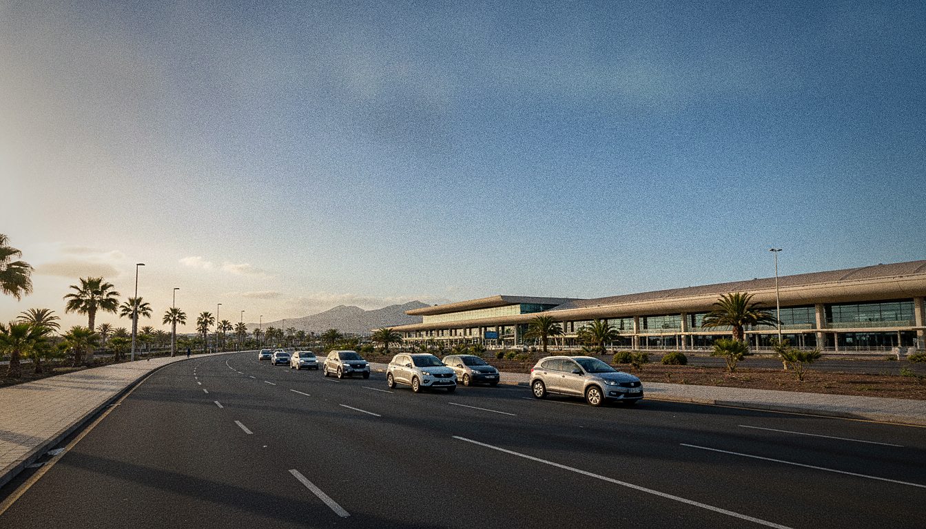 Cartello stradale dell'Aeroporto di Tenerife Sud Reina Sofía con auto a noleggio in transito