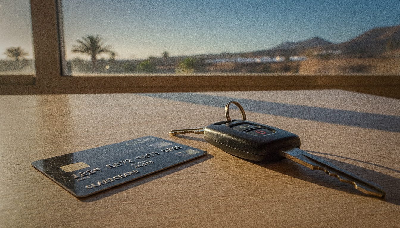 Carta di credito accanto alle chiavi di un'auto a noleggio