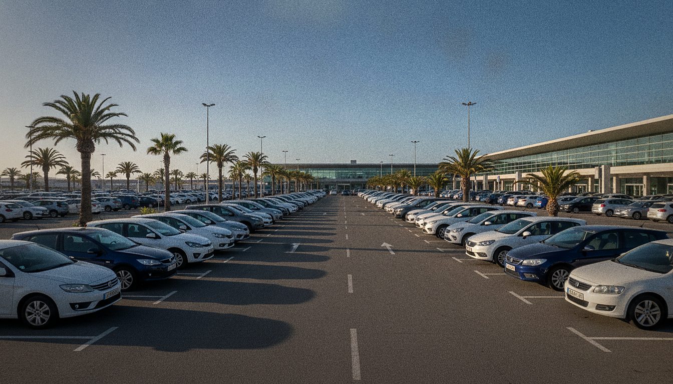 Auto a noleggio parcheggiate nell'area arrivi dell'Aeroporto di Tenerife Sud