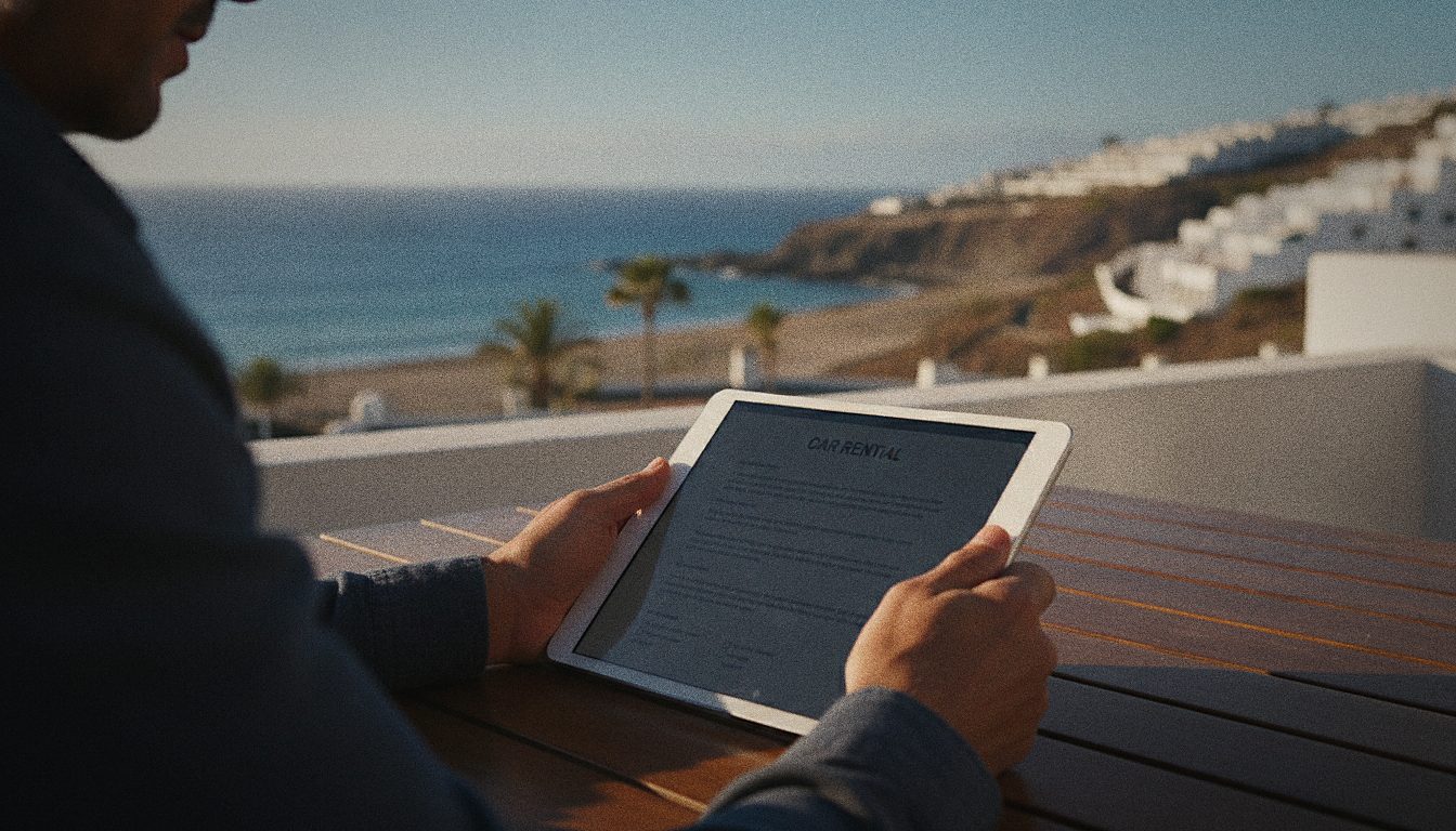 Persona che legge le condizioni del contratto di noleggio su un tablet
