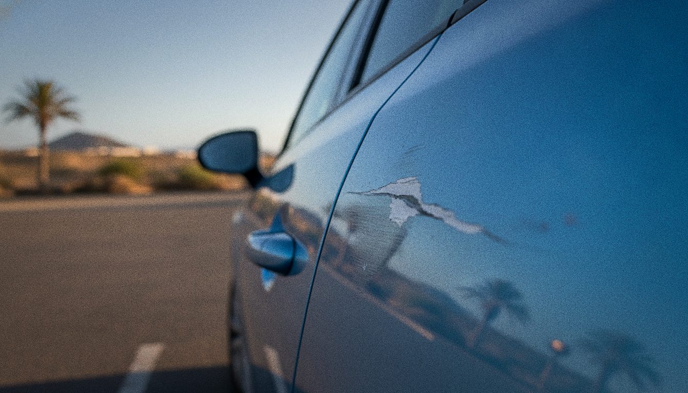 Dettaglio di un graffio sulla portiera di un'auto a noleggio